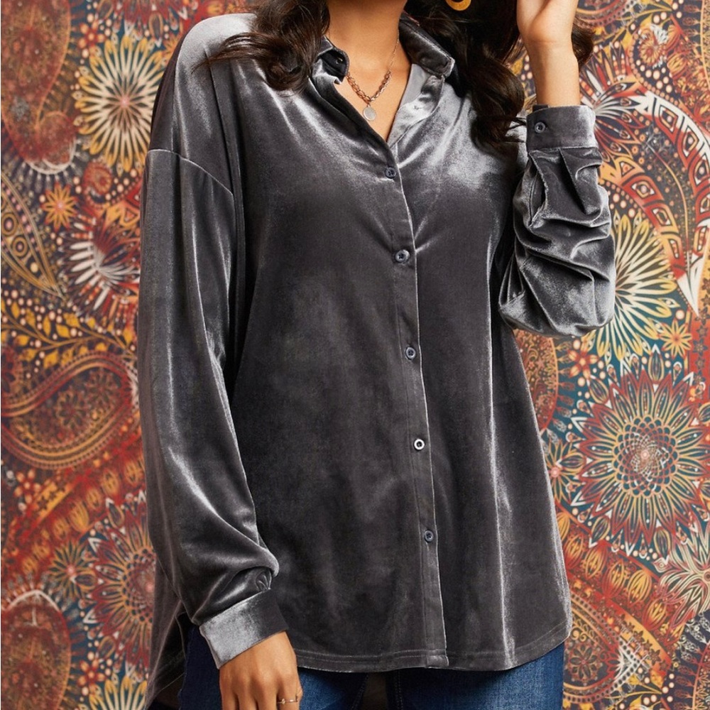 Charcoal Velvet Hi-Low Button-up top